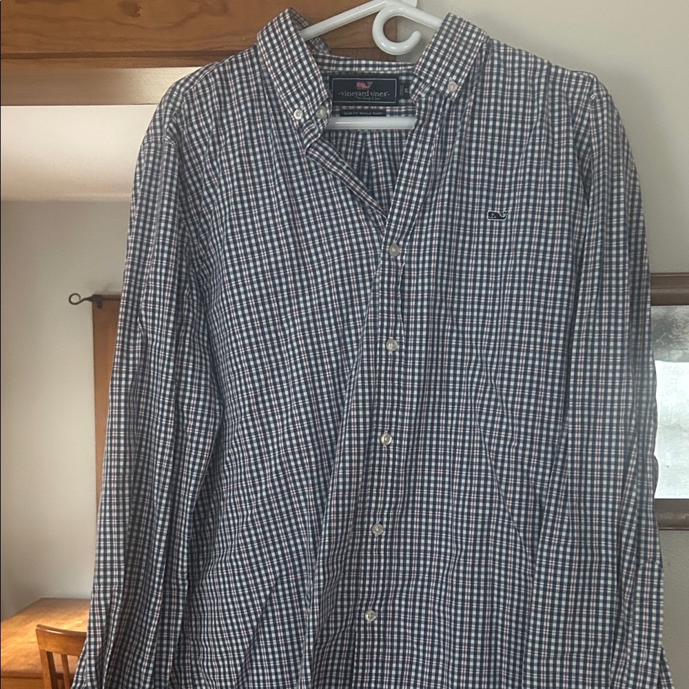 Vineyard Vines Men's Blue and White Checkered Shirt